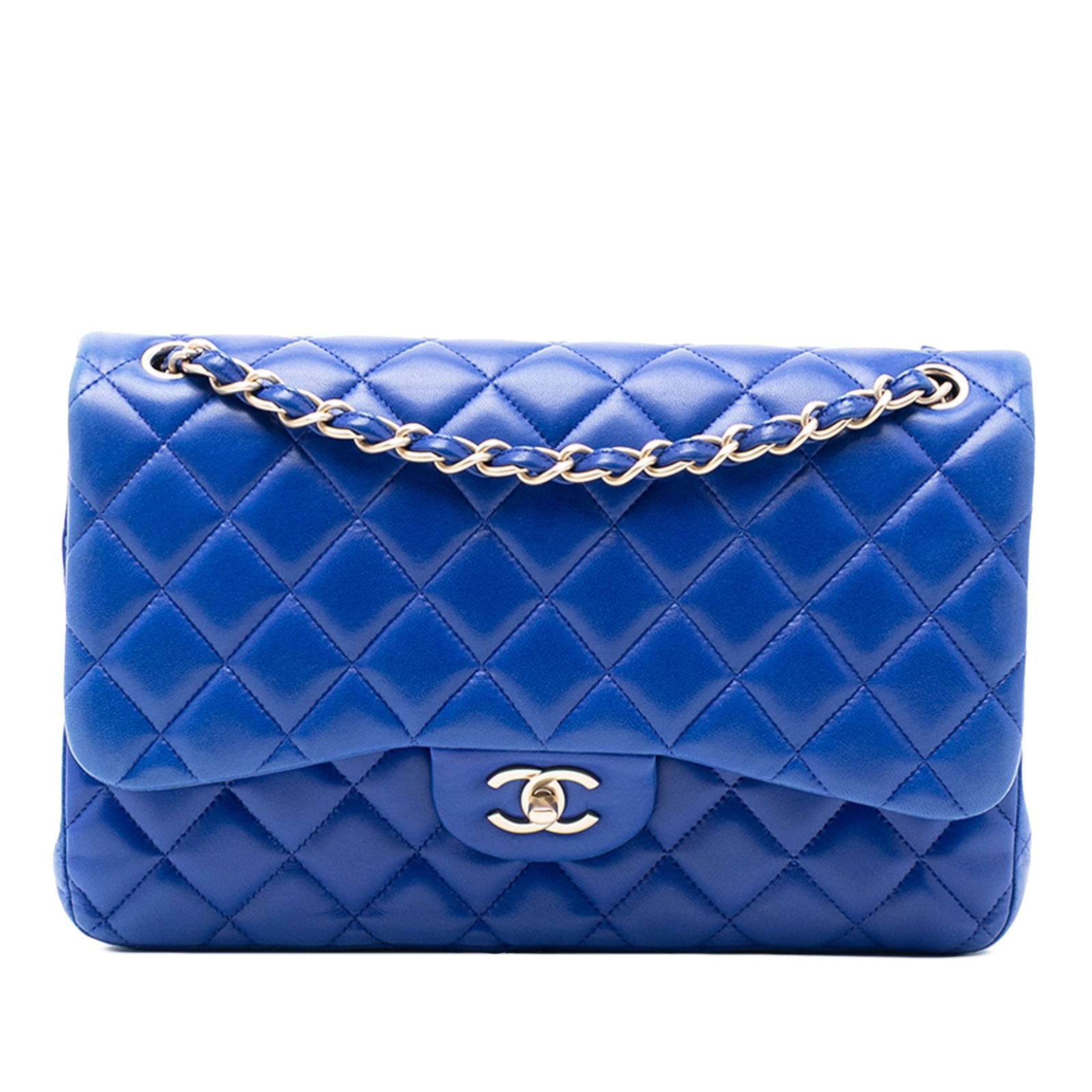 Blue Chanel Jumbo Classic Double Flap Quilted Lambskin Shoulder Bag: Blue Chanel Jumbo Classic Double Flap Quilted Lambskin Shoulder Bag This Chanel Jumbo Classic Double Flap shoulder bag is crafted from blue quilted lambskin leather and features a leather-woven chain