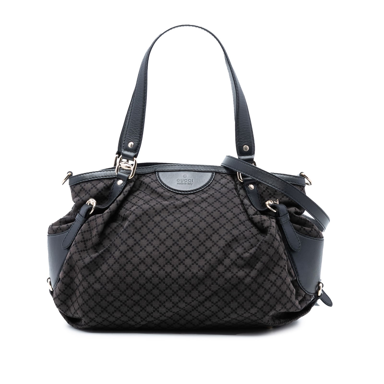 Gucci Diamante Canvas Bridle Brown Satchel with Leather Handles: Gucci Diamante Canvas Bridle Brown Satchel with Leather Handles This satchel features a canvas body with flat leather handles and a detachable flat leather strap. It is designed with a top zip closure