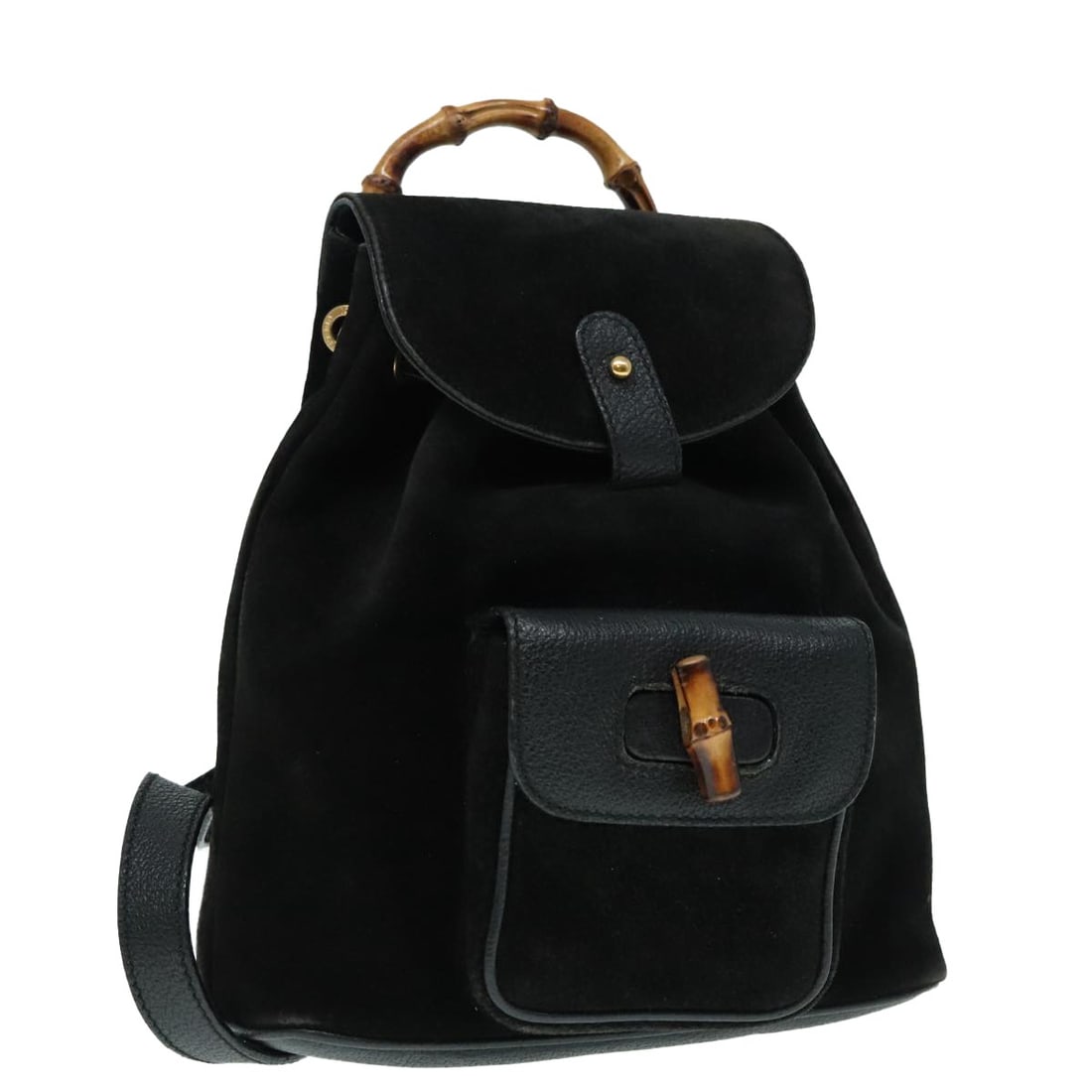 Gucci Vintage Bamboo Black Suede Backpack for Women 20x22x7cm: Gucci Vintage Bamboo Black Suede Backpack for Women 20x22x7cm This vintage Gucci Bamboo Backpack for women features a black suede exterior with classic bamboo handle accents. It is a compact and styli