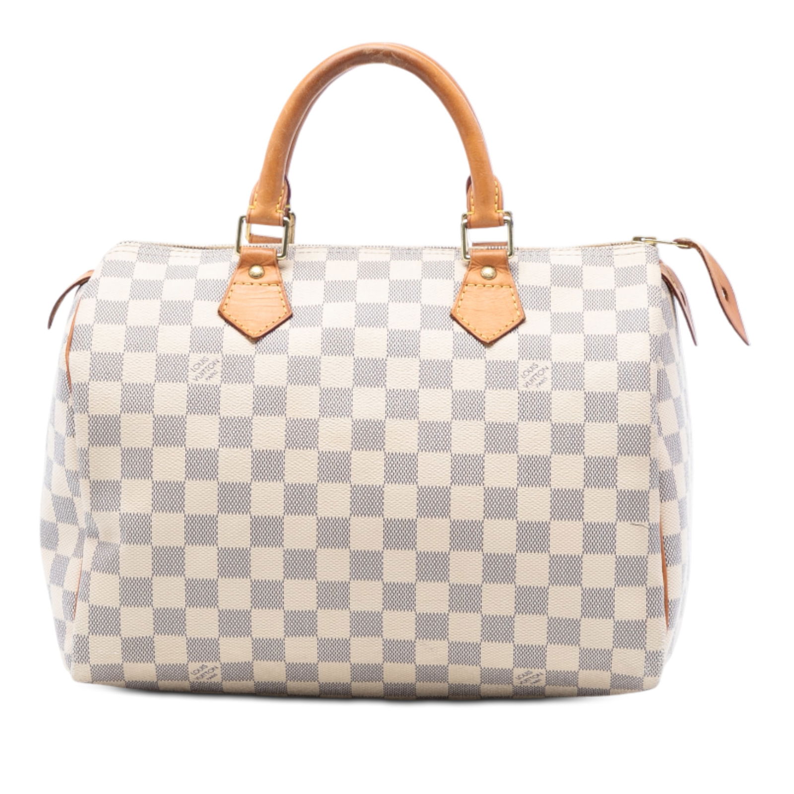 Louis Vuitton Speedy 30 Handbag in Damier Azur Canvas with Leather Trim: Louis Vuitton Speedy 30 Handbag in Damier Azur Canvas with Leather Trim The Louis Vuitton Damier Azur Speedy 30 is crafted from signature Damier Azur canvas with vachetta leather trim and features rol