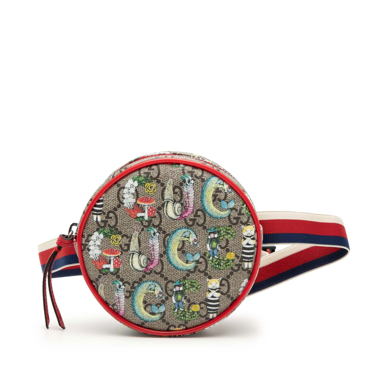 Yuko Higuchi GG Supreme Kids Belt Bag by Gucci: Yuko Higuchi GG Supreme Kids Belt Bag by Gucci This Gucci Yuko Higuchi Childrens GG Supreme belt bag features a printed coated canvas body with leather trim, a flat canvas web waist strap, and a top z
