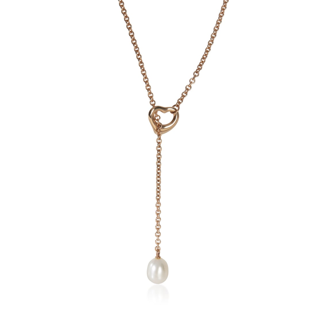 Elsa Peretti Open Heart Lariat Necklace in 18k Rose Gold with Pearl: Elsa Peretti Open Heart Lariat Necklace in 18k Rose Gold with Pearl This Tiffany & Co. Elsa Peretti Open Heart Lariat Necklace features a delicate 18k rose gold chain adorned with a lustrous pearl acc
