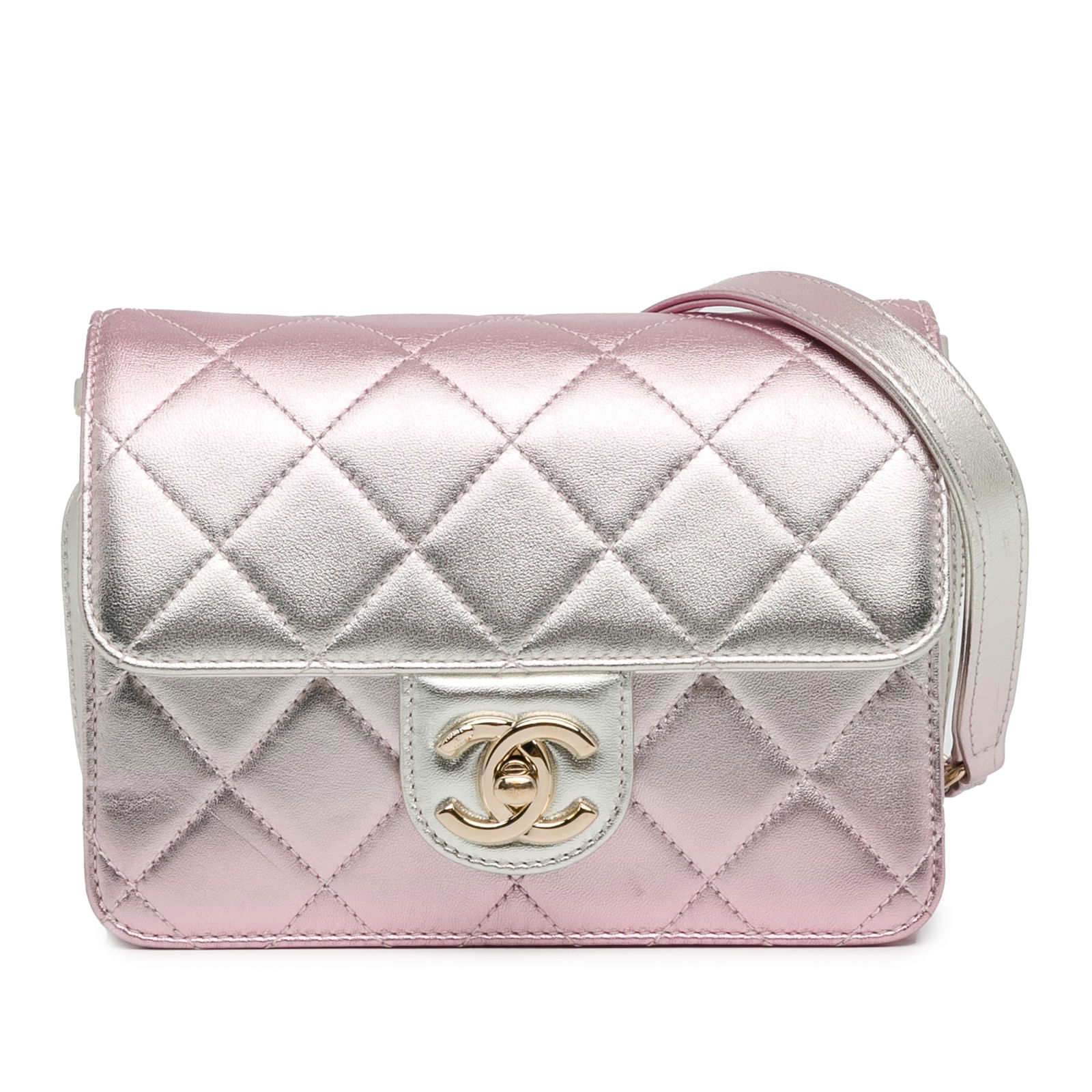 Chanel Mini Metallic Lambskin Pink Flap Bag Italy: Chanel Mini Metallic Lambskin Pink Flap Bag Italy This stunning Chanel Mini Metallic Lambskin Like a Wallet Flap crossbody bag is crafted from metallic quilted lambskin leather in an eye-catching pink