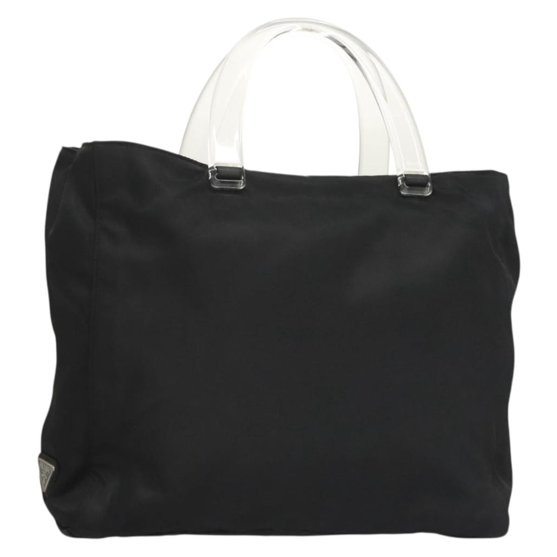 Prada Nylon Tessuto Black Flat Tote Bag for Women: Prada Nylon Tessuto Black Flat Tote Bag for Women This Prada Logo Flat Tote Bag for women is crafted from black nylon Tessuto, featuring a sleek design suitable for daily use. Despite signs of wear in