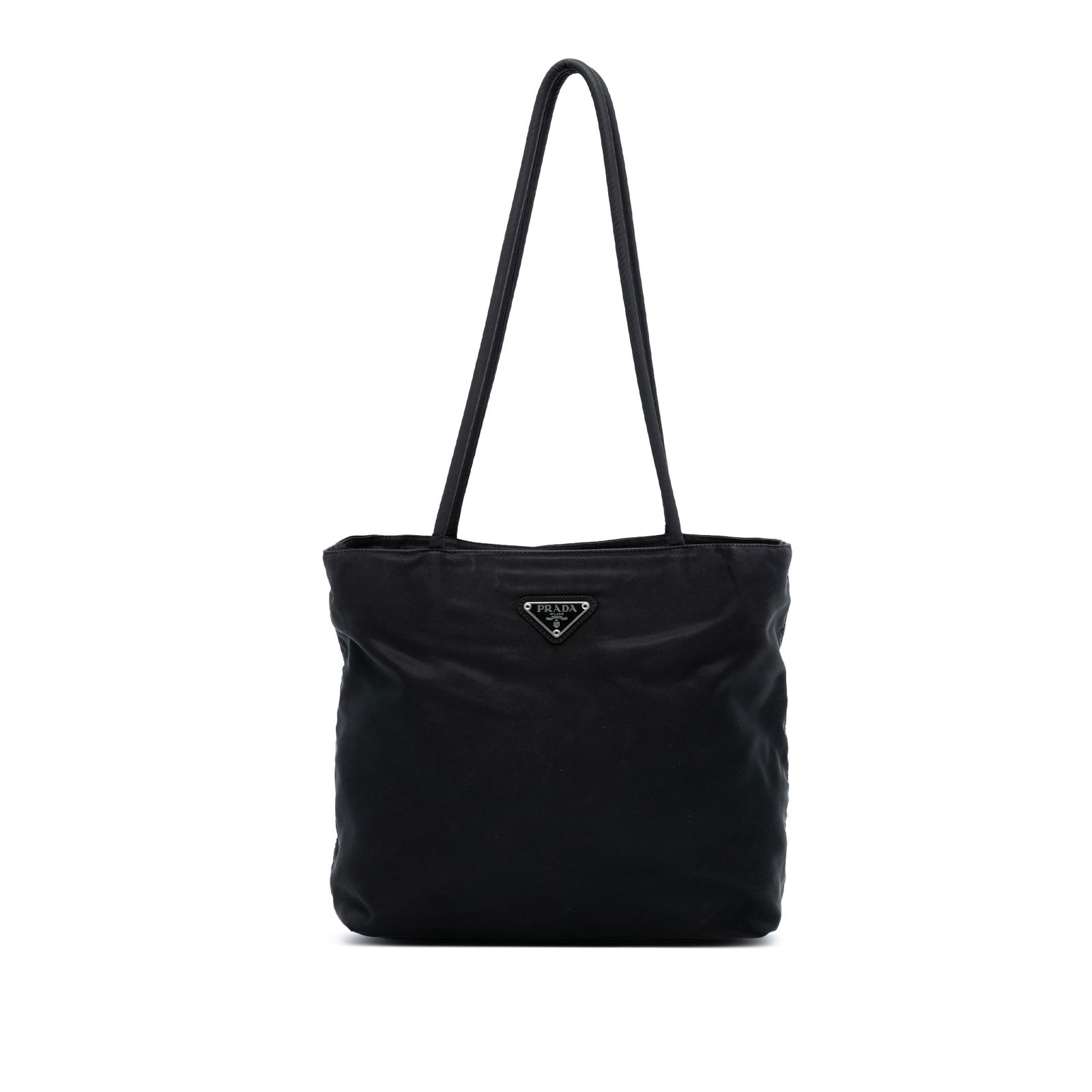 Black Prada Tessuto Tote Bag with Nylon Construction: Black Prada Tessuto Tote Bag with Nylon Construction This Prada Tessuto Tote features a black nylon fabric body with rolled handles and a top zip closure. The interior includes a zip pocket for secure