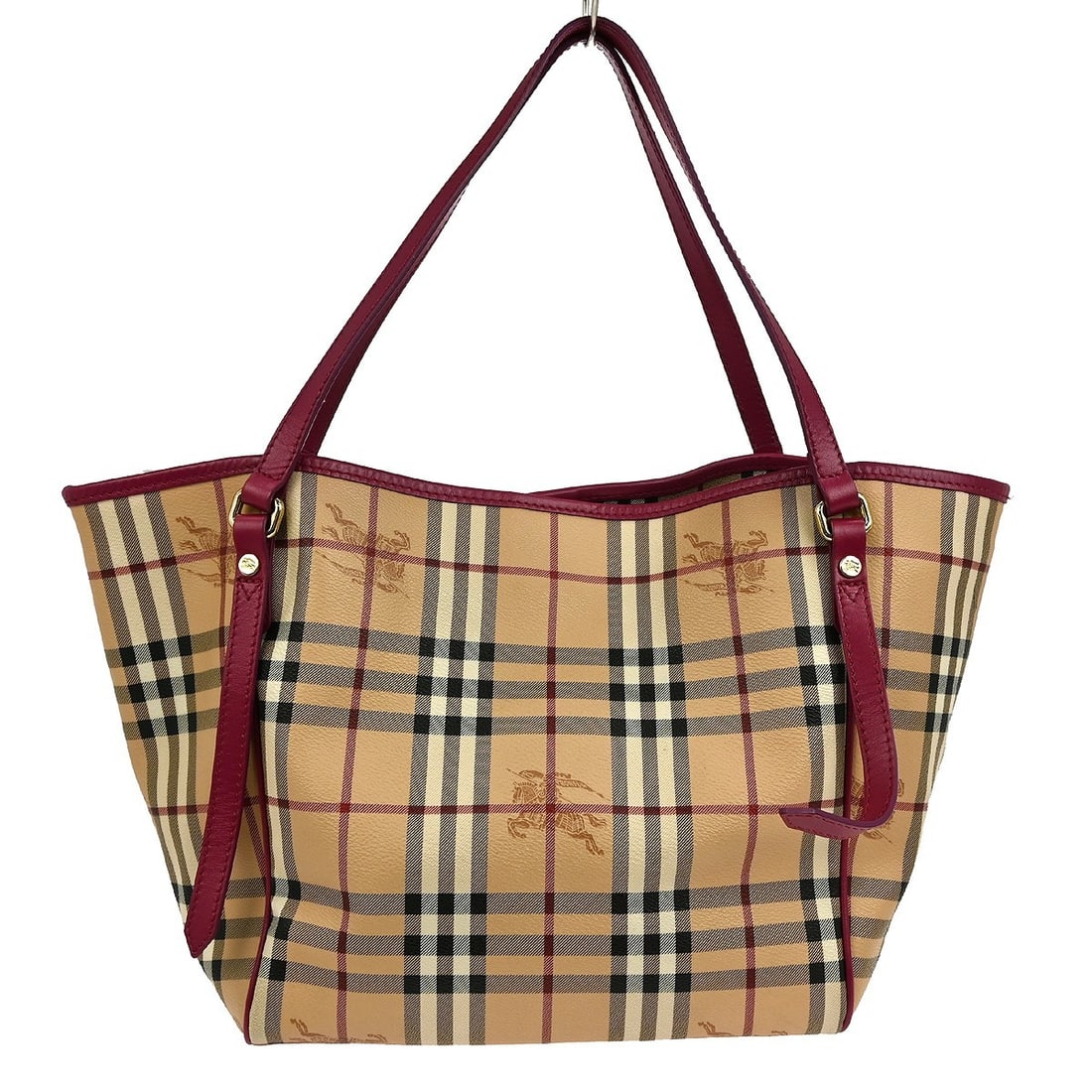 Burberry House Check Medium Tote Beige PVC Pink Handles: Burberry House Check Medium Tote Beige PVC Pink Handles This Burberry Beige PVC House Check Tote Handbag is a stylish and versatile accessory perfect for casual occasions. Designed with a distinctive