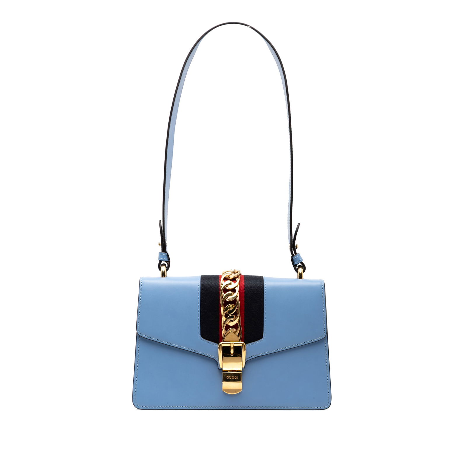 Gucci Small Leather Sylvie Web Satchel Blue with Detachable Straps: Gucci Small Leather Sylvie Web Satchel Blue with Detachable Straps Introducing the Gucci Small Leather Sylvie Web Satchel, a stylish and sophisticated piece crafted from premium leather. This satchel
