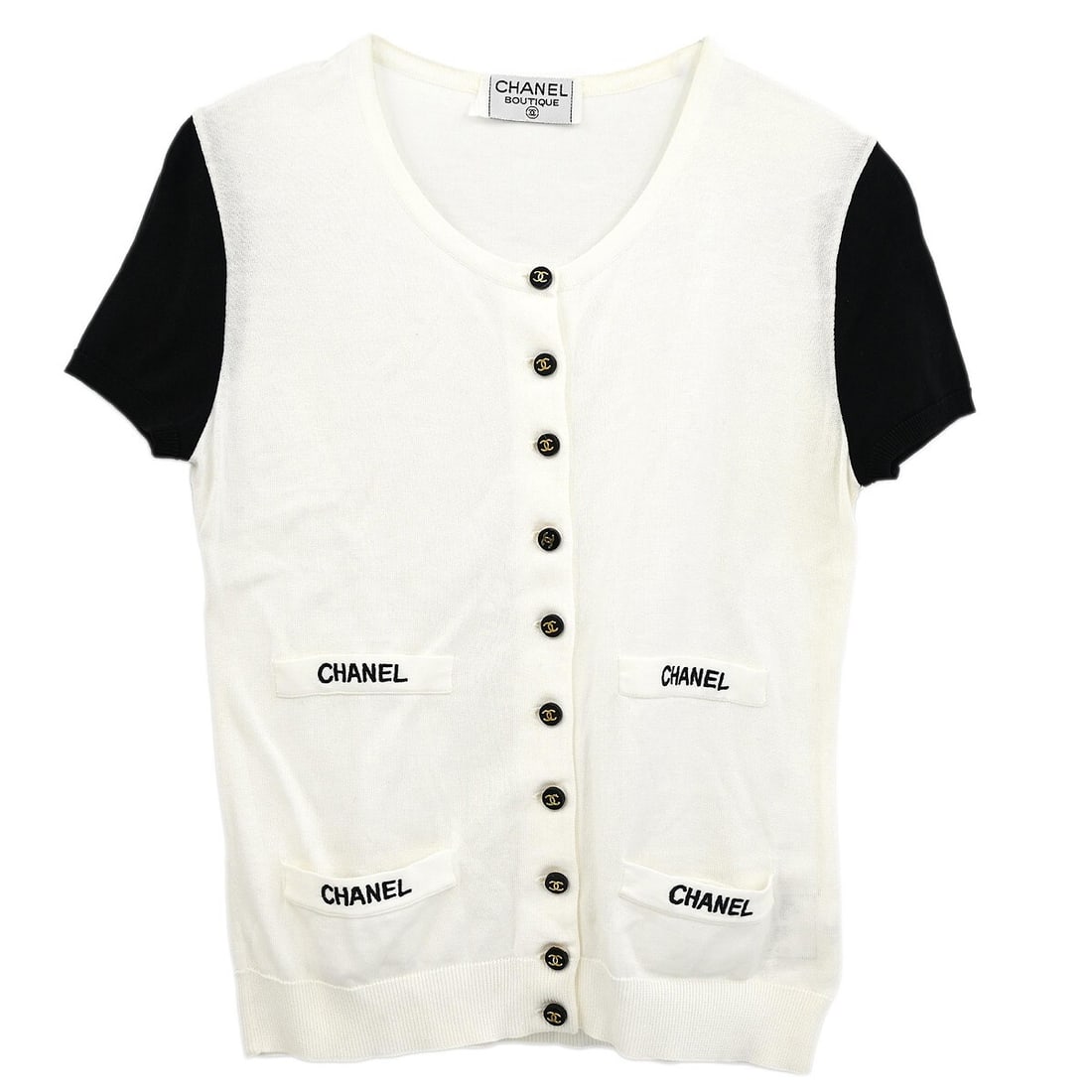 Chanel White Short Sleeve Cardigan Size 34 Cotton Casual Top: Chanel White Short Sleeve Cardigan Size 34 Cotton Casual Top Elevate your casual wardrobe with this stylish Chanel Short Sleeve Cardigan in pristine white. Crafted from 100% cotton, this cardigan feat