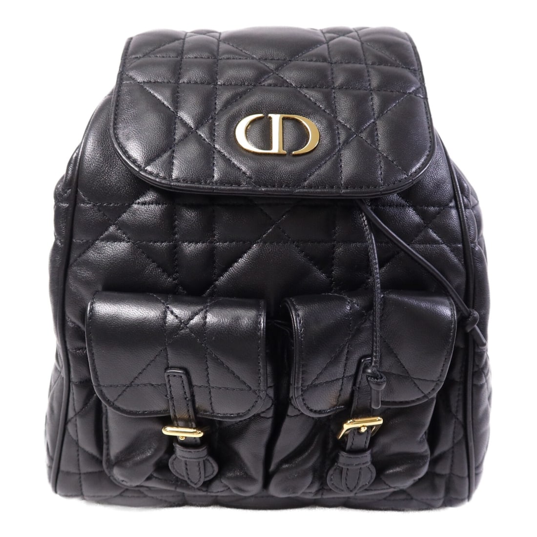Dior Caro Medium Black Lambskin Backpack with Gold Tone Hardware: Dior Caro Medium Black Lambskin Backpack with Gold Tone Hardware This Christian Dior Caro Medium Backpack is crafted from black lambskin leather and features gold-tone hardware. The rucksack-style bac