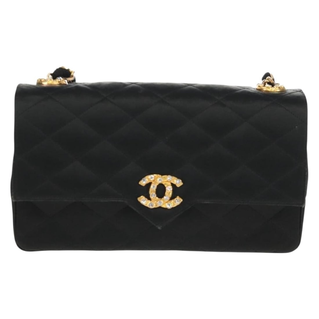 Chanel Quilted Satin Vintage Crystal CC Flap Bag Black: Chanel Quilted Satin Vintage Crystal CC Flap Bag Black This Chanel Vintage Crystal CC Flap Bag is crafted from black satin with a quilted design and features the iconic crystal CC logo. Designed for w