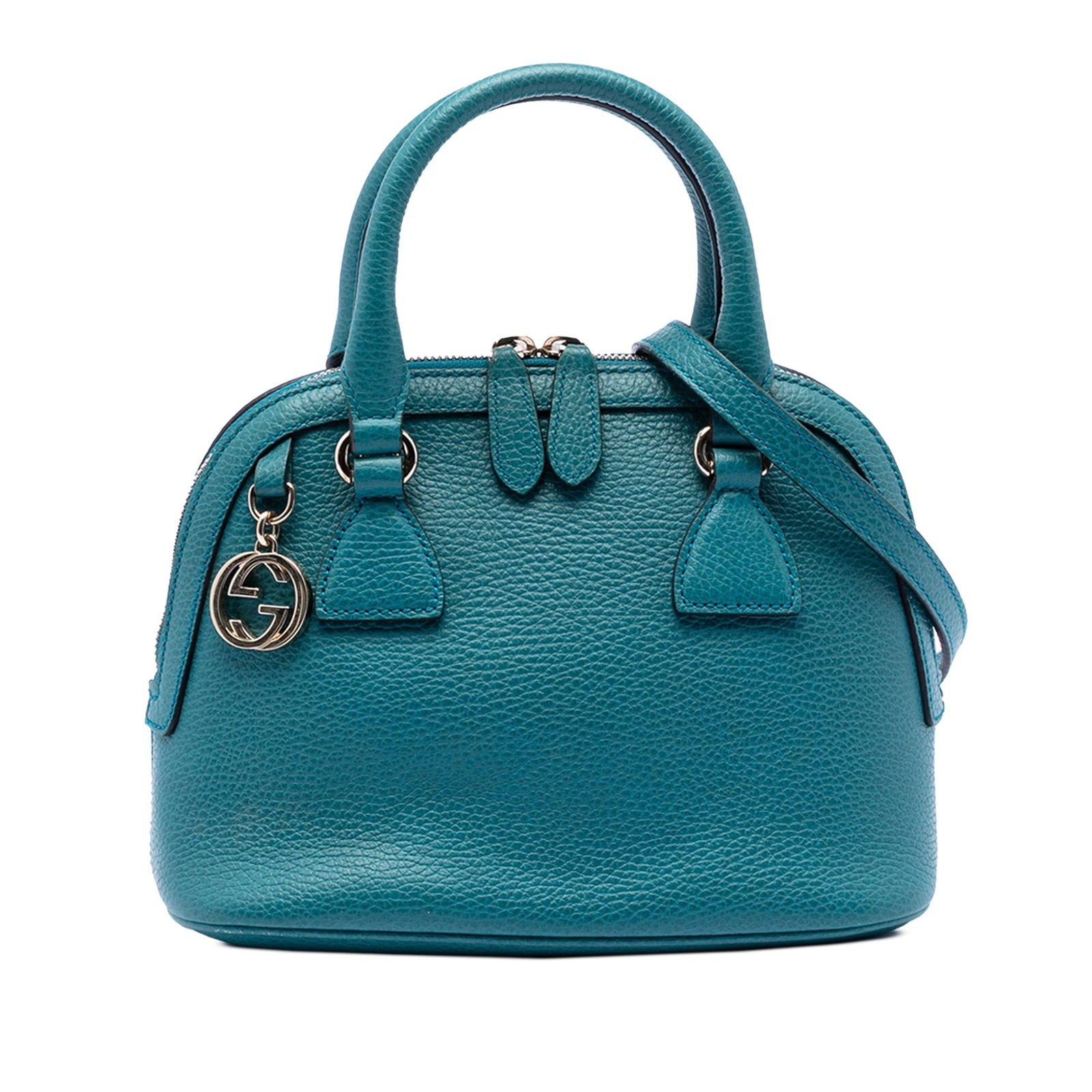 Gucci Blue Leather Small Dome Satchel with GG Charm: Gucci Blue Leather Small Dome Satchel with GG Charm This Gucci Small Dollar Calfskin GG Charm Dome Satchel features a blue leather body, rolled leather handles, and a detachable flat leather strap. It