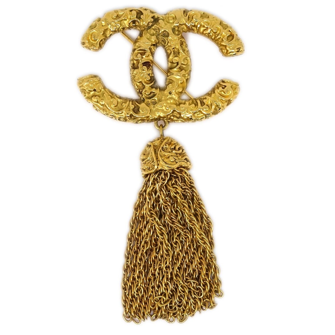 Chanel 93A Gold-Plated Fringe Brooch Pin: Chanel 93A Gold-Plated Fringe Brooch Pin This exquisite Chanel Fringe Brooch Pin from the 93A collection showcases a stunning gold-plated finish, embodying elegance and style. The unique fringe design