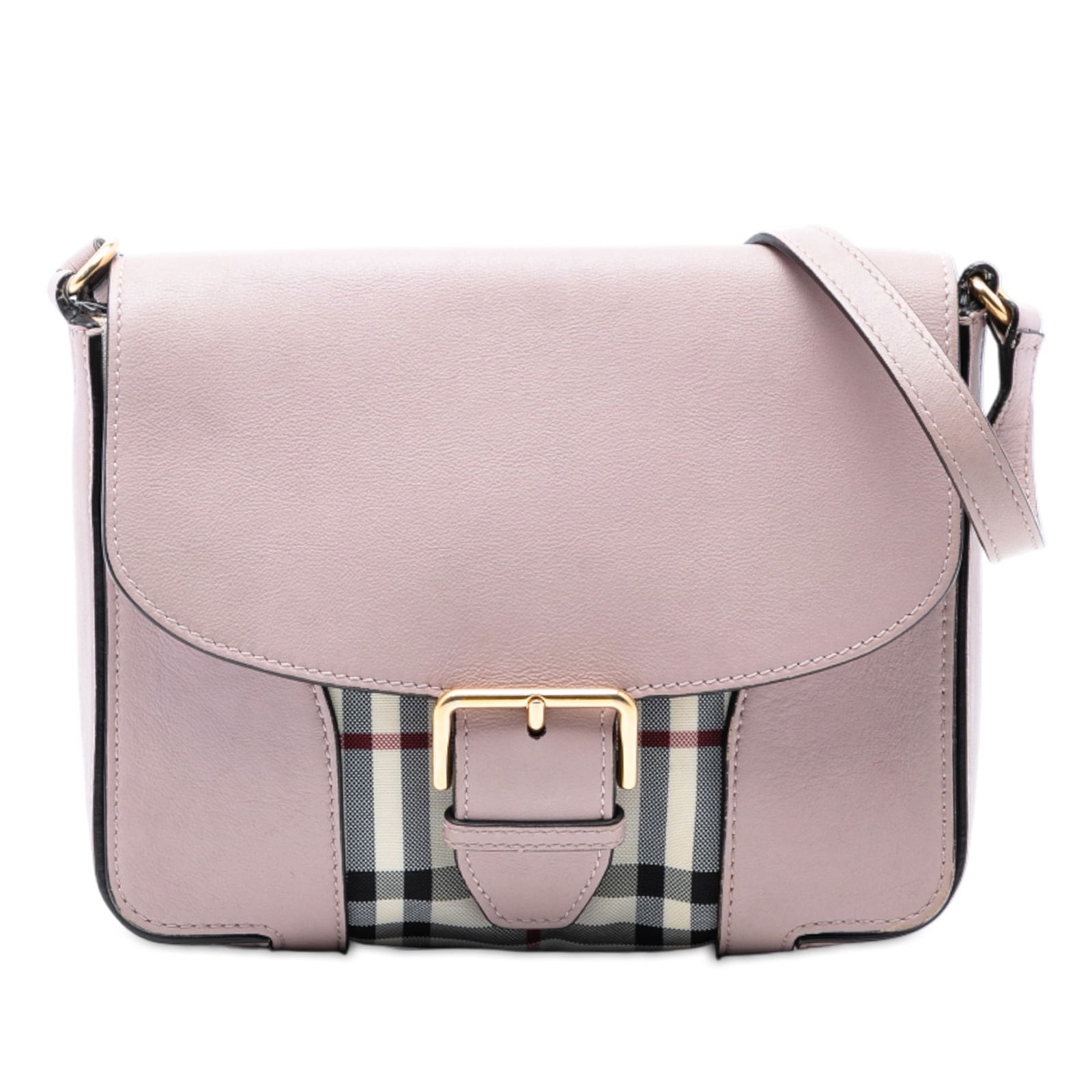 Burberry Dickens Pink Leather Crossbody with House Check Canvas Trim: Burberry Dickens Pink Leather Crossbody with House Check Canvas Trim This Burberry Dickens crossbody bag features a leather body with signature house check canvas trim. It is designed with an adjustab