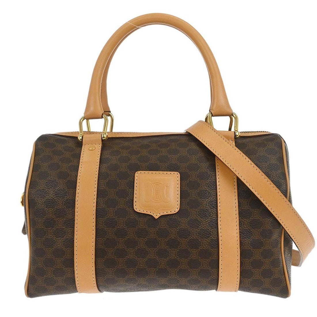 Celine Macadam Small Brown Top Handle Bag with Double Handles: Celine Macadam Small Brown Top Handle Bag with Double Handles This Celine Macadam top handle handbag features a classic brown Macadam pattern and a compact, small size. It is crafted from durable PVC