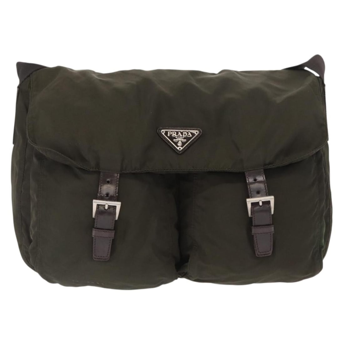 Prada Tessuto Nylon Unisex Messenger Bag 35x25x14cm Khaki: Prada Tessuto Nylon Unisex Messenger Bag 35x25x14cm Khaki Unisex Prada Zip Buckle Messenger Bag crafted from khaki nylon with leather details. The bag features a zip closure and an adjustable leather
