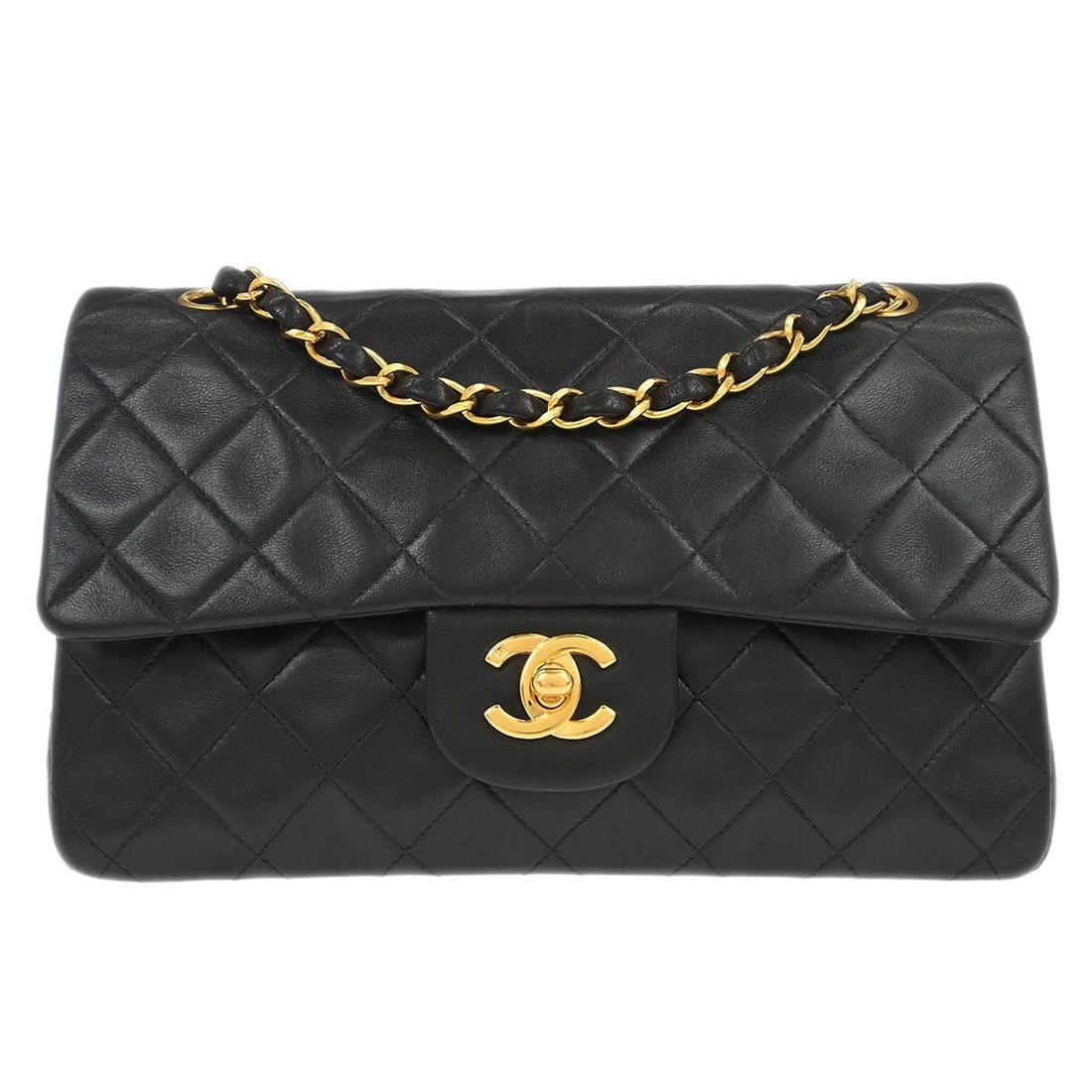 Small Classic Double Flap Black Lambskin Shoulder Bag by Chanel: Small Classic Double Flap Black Lambskin Shoulder Bag by Chanel This Chanel Classic Double Flap Shoulder Bag features black lambskin leather with a signature matelasse pattern and a flap turnlock clos