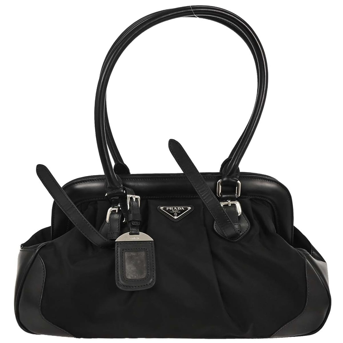 Prada Black Nylon Top Handle Handbag Made in Italy: Prada Black Nylon Top Handle Handbag Made in Italy This elegant Prada Black Nylon Handbag is a perfect blend of style and functionality. Designed for casual occasions, this large top handle bag featur