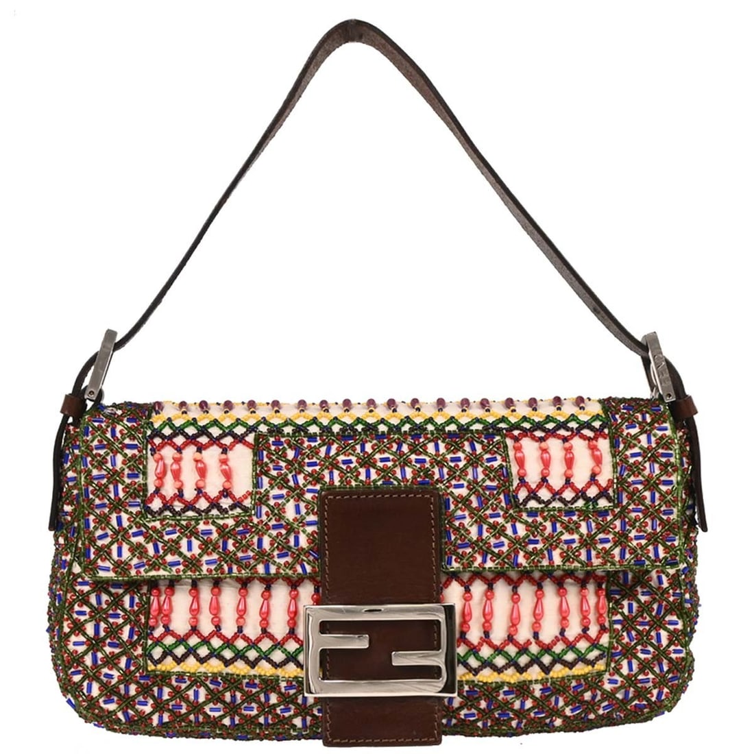 Fendi Baguette Handbag White Brown Canvas Beads Silver Hardware: Fendi Baguette Handbag White Brown Canvas Beads Silver Hardware This stylish Fendi Baguette Handbag features a unique combination of white and brown canvas with leather beads, making it a perfect acce