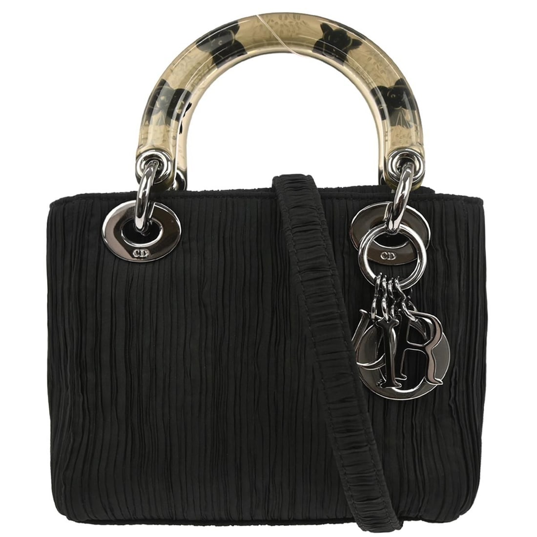 Lady Dior Black Satin Small Satchel with Double Handles and Quilted Accents: Lady Dior Black Satin Small Satchel with Double Handles and Quilted Accents This Christian Dior Lady Dior handbag features a classic black satin exterior with quilted accents and double handles. The s