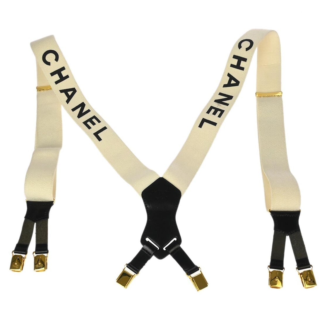 Chanel White Leather Suspenders with Metal Theme: Chanel White Leather Suspenders with Metal Theme Elevate your wardrobe with these stylish Chanel suspenders in a pristine white color. Made from high-quality leather, these suspenders incorporate a ch