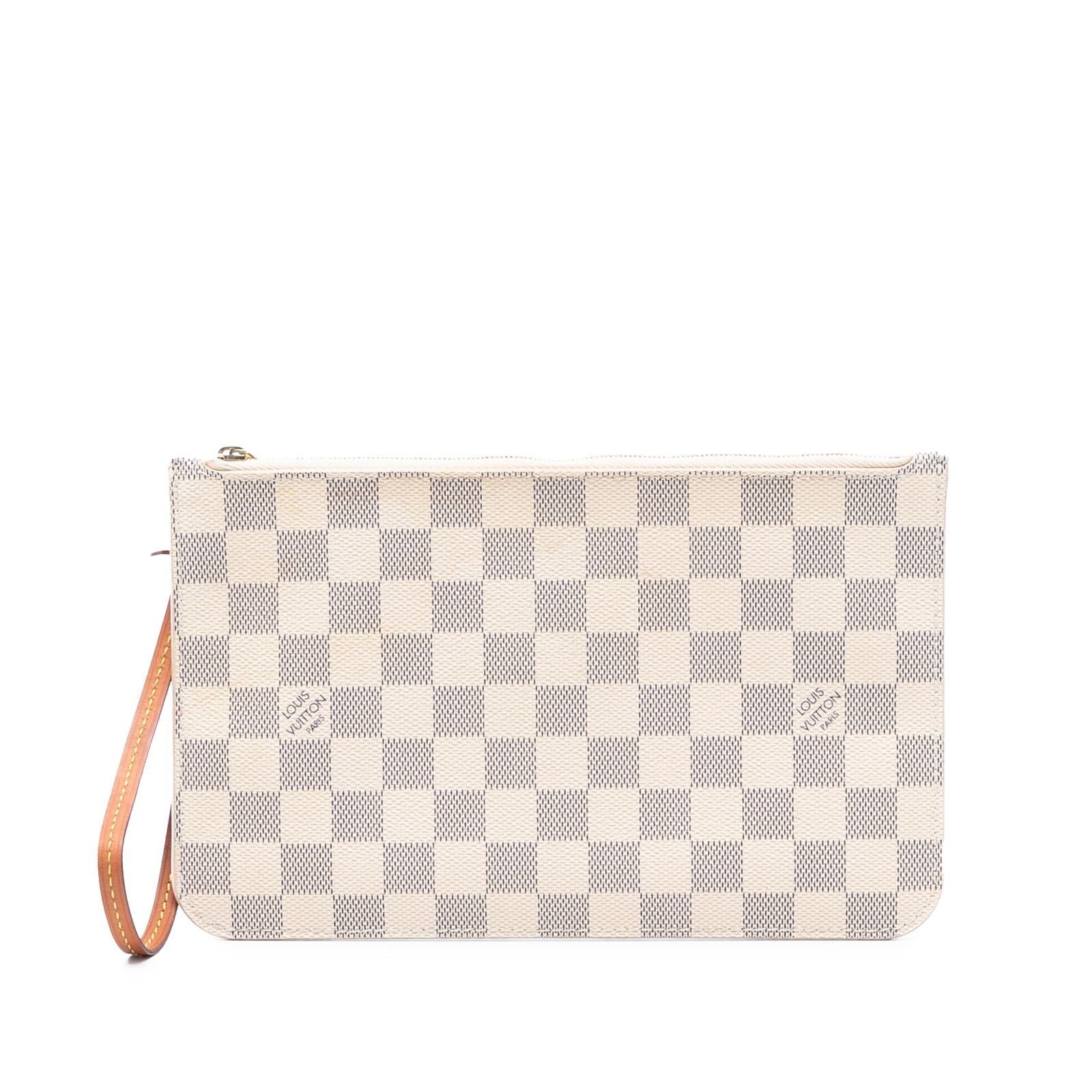Neverfull MM Damier Azur Canvas Pouch with Leather Wrist Strap: Neverfull MM Damier Azur Canvas Pouch with Leather Wrist Strap This Louis Vuitton Damier Azur Neverfull MM Pouch features the iconic Damier Azur canvas body, a flat vachetta leather wrist strap, and a