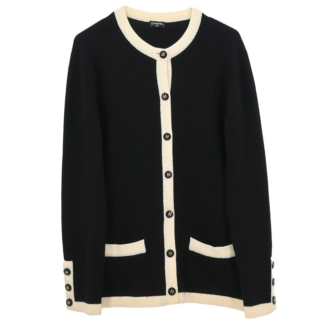 Black 100 Percent Cashmere Cardigan by Chanel One Size: Black 100 Percent Cashmere Cardigan by Chanel One Size This Chanel cardigan is crafted from 100% cashmere in a classic black hue. It features a round neckline and a regular fit in a one size design. T