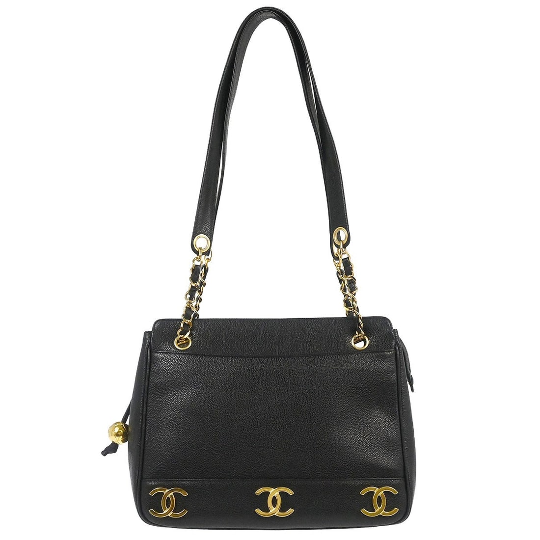 Chanel Caviar Leather Medium Black Triple CC Tote Shoulder Bag: Chanel Caviar Leather Medium Black Triple CC Tote Shoulder Bag This Chanel Triple CC shoulder tote bag features a black caviar skin leather exterior with a zip closure. The medium-sized tote offers a