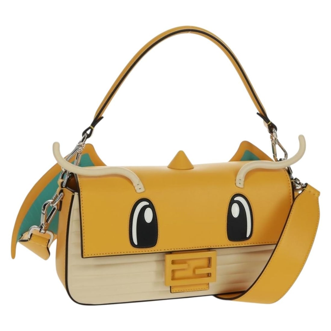 Fendi FRGMT Pokemon Dragonite Mamma Canvas Bucket Shoulder Bag 8BR600 Yellow: Fendi FRGMT Pokemon Dragonite Mamma Canvas Bucket Shoulder Bag 8BR600 Yellow This FENDI x FRGMT x POKEMON Dragonite Mamma Bucket Bag features a stylish yellow and silver canvas exterior, crafted in It