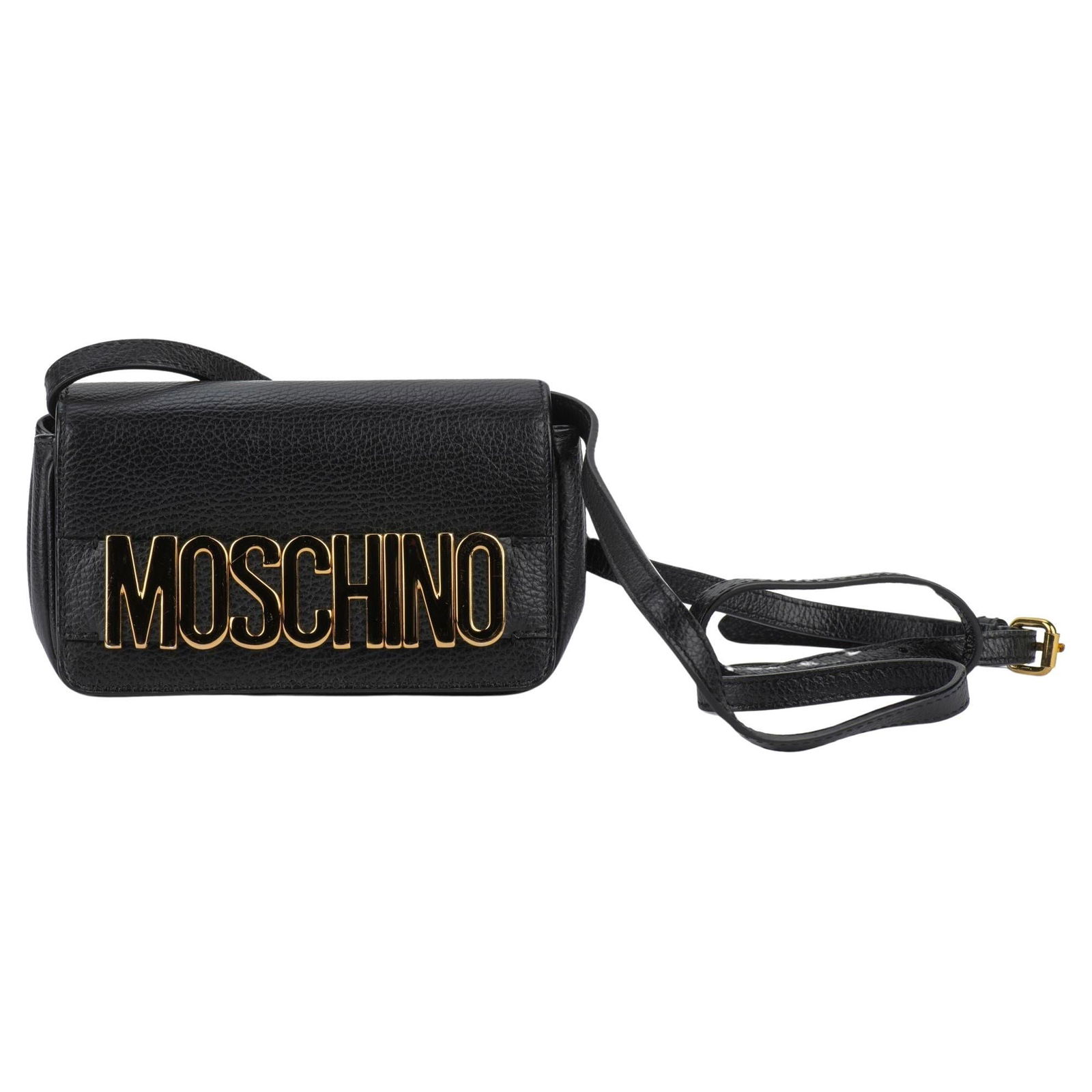 Moschino Black Pebbled Leather Crossbody Bag with Gold Lettering: Moschino Black Pebbled Leather Crossbody Bag with Gold Lettering This stylish Moschino cross body bag features a chic black pebbled leather exterior adorned with striking gold plated lettering. Its co