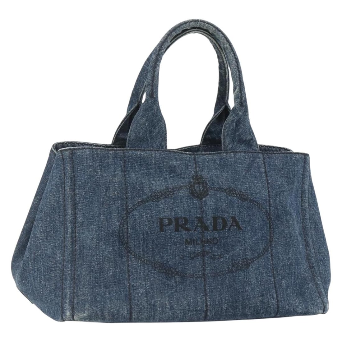 Prada Canapa Tote Blue Canvas Handbag 34cm Italy: Prada Canapa Tote Blue Canvas Handbag 34cm Italy This Prada Canapa Tote in denim blue canvas is designed for women and features gold-tone metal fittings. The bag shows signs of previous use, including