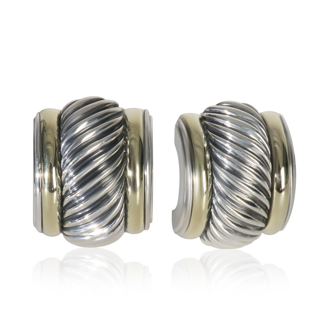 Vintage Cable Hoop Earrings in 14k Gold and Sterling Silver by David Yurman: Vintage Cable Hoop Earrings in 14k Gold and Sterling Silver by David Yurman These pre-owned David Yurman vintage cable hoop earrings are crafted from 14k yellow gold and sterling silver. Designed for