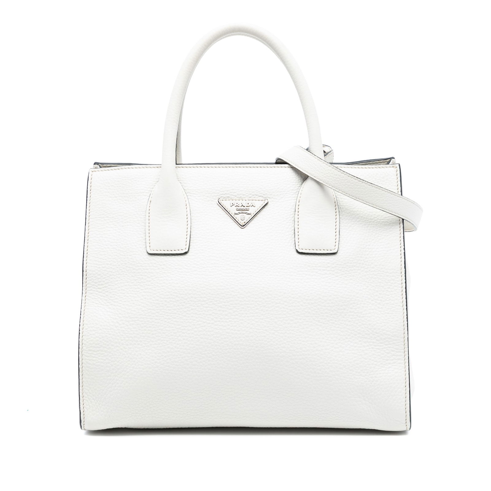Prada Vitello Daino White Leather Convertible Satchel with Strap: Prada Vitello Daino White Leather Convertible Satchel with Strap This Prada Vitello Daino Open Convertible Tote is crafted from white leather and features rolled handles, a detachable flat leather str