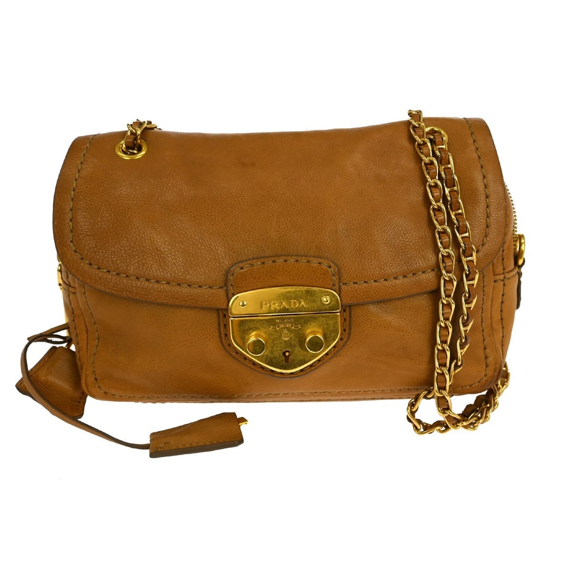 Brown Leather PRADA 7N Medium Shoulder Bag with Logo Accent: Brown Leather PRADA 7N Medium Shoulder Bag with Logo Accent This elegant PRADA shoulder bag features a rich brown leather exterior accented with the signature logo, making it a stylish choice for casu
