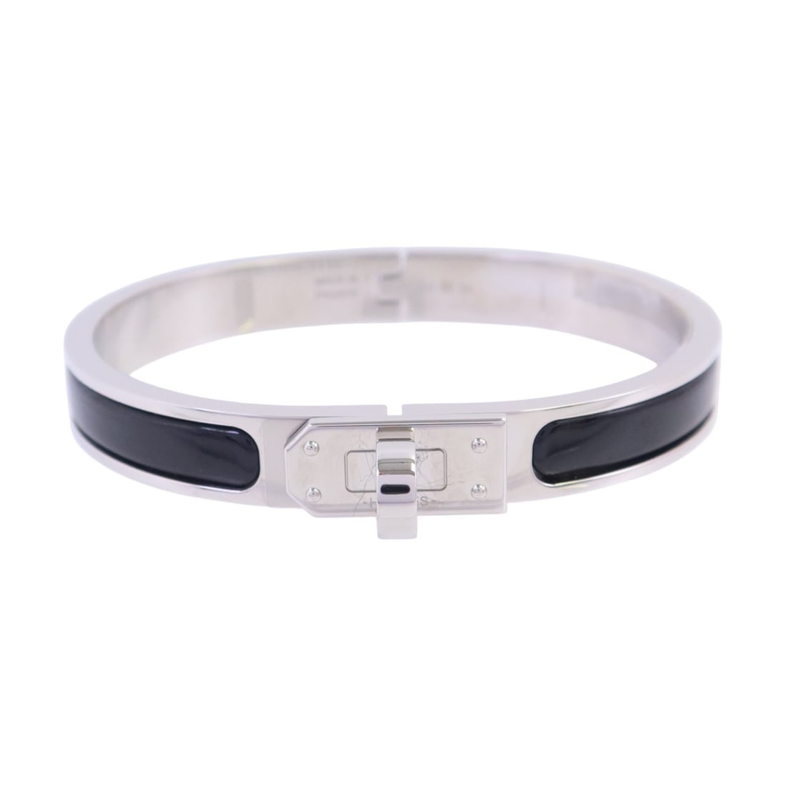 Hermes Mini Clic Kelly Black Enamel and Metal Silver Tone Bracelet: Hermes Mini Clic Kelly Black Enamel and Metal Silver Tone Bracelet This Hermes Mini Clic Kelly bracelet features a black enamel finish set in metal with a silver-tone appearance. The bangle design off