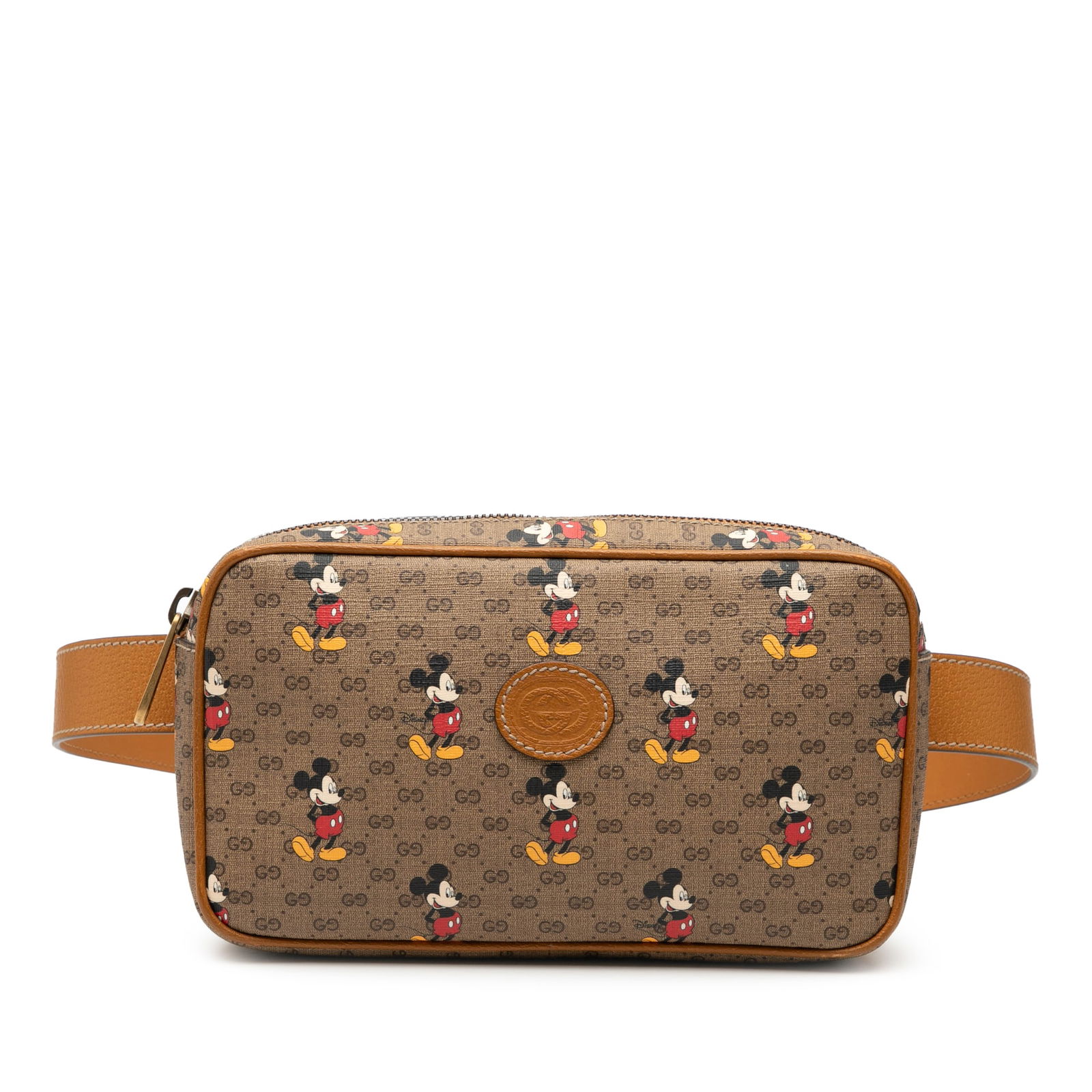 Disney Mickey Mouse Micro GG Supreme Belt Bag by Gucci: Disney Mickey Mouse Micro GG Supreme Belt Bag by Gucci This Gucci Disney Micro GG Supreme Mickey Mouse belt bag features a printed coated canvas body with leather trim, an adjustable flat waist strap