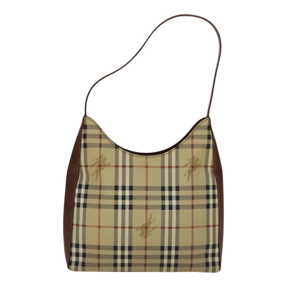 Beige PVC Burberry Haymarket Shoulder Bag 29cm by 23cm by 7cm: Beige PVC Burberry Haymarket Shoulder Bag 29cm by 23cm by 7cm This Burberry shoulder bag for women features a beige Haymarket coated canvas exterior with PVC material. It has a shoulder strap and meta