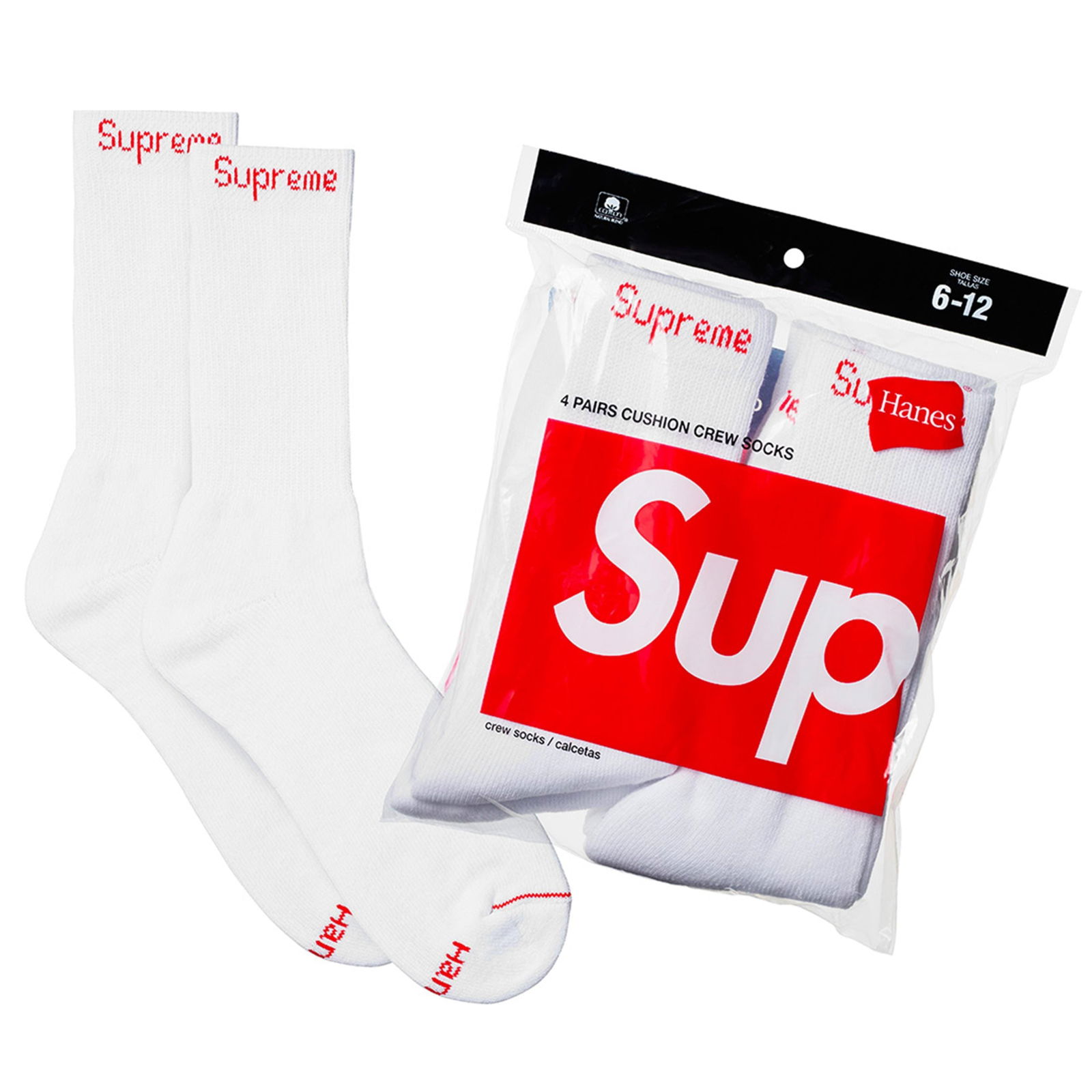Set of 4 Supreme Hanes White Crew Socks Collaboration: Set of 4 Supreme Hanes White Crew Socks Collaboration This Supreme x Hanes collaboration offers a 4-pack of white crew socks featuring the iconic Supreme box logo branding. Made from a soft cotton ble