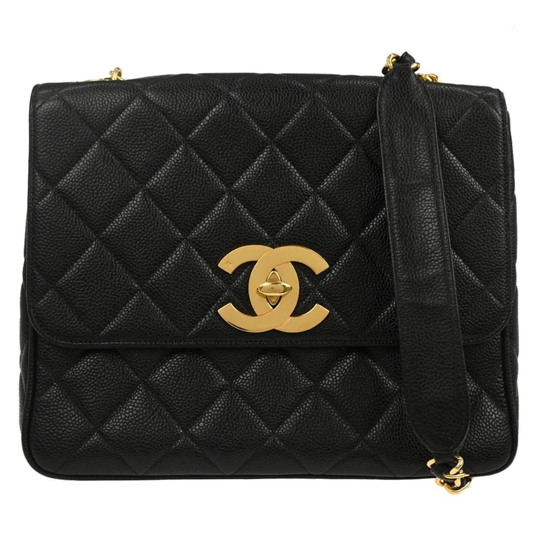 Medium Black Calfskin Leather Chanel Shoulder Bag with Turn Lock Closure: Medium Black Calfskin Leather Chanel Shoulder Bag with Turn Lock Closure This Chanel shoulder bag is crafted from black calfskin leather and features a medium-sized silhouette. It is designed with a t