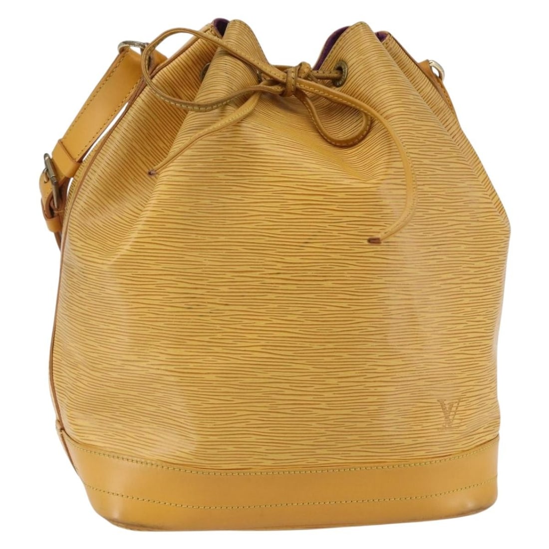 Yellow Epi Leather Noe Shoulder Bag by Louis Vuitton: Yellow Epi Leather Noe Shoulder Bag by Louis Vuitton This pre-owned Louis Vuitton Noe handbag is crafted from Epi leather in a vibrant yellow color. Designed for women, it features a spacious interior