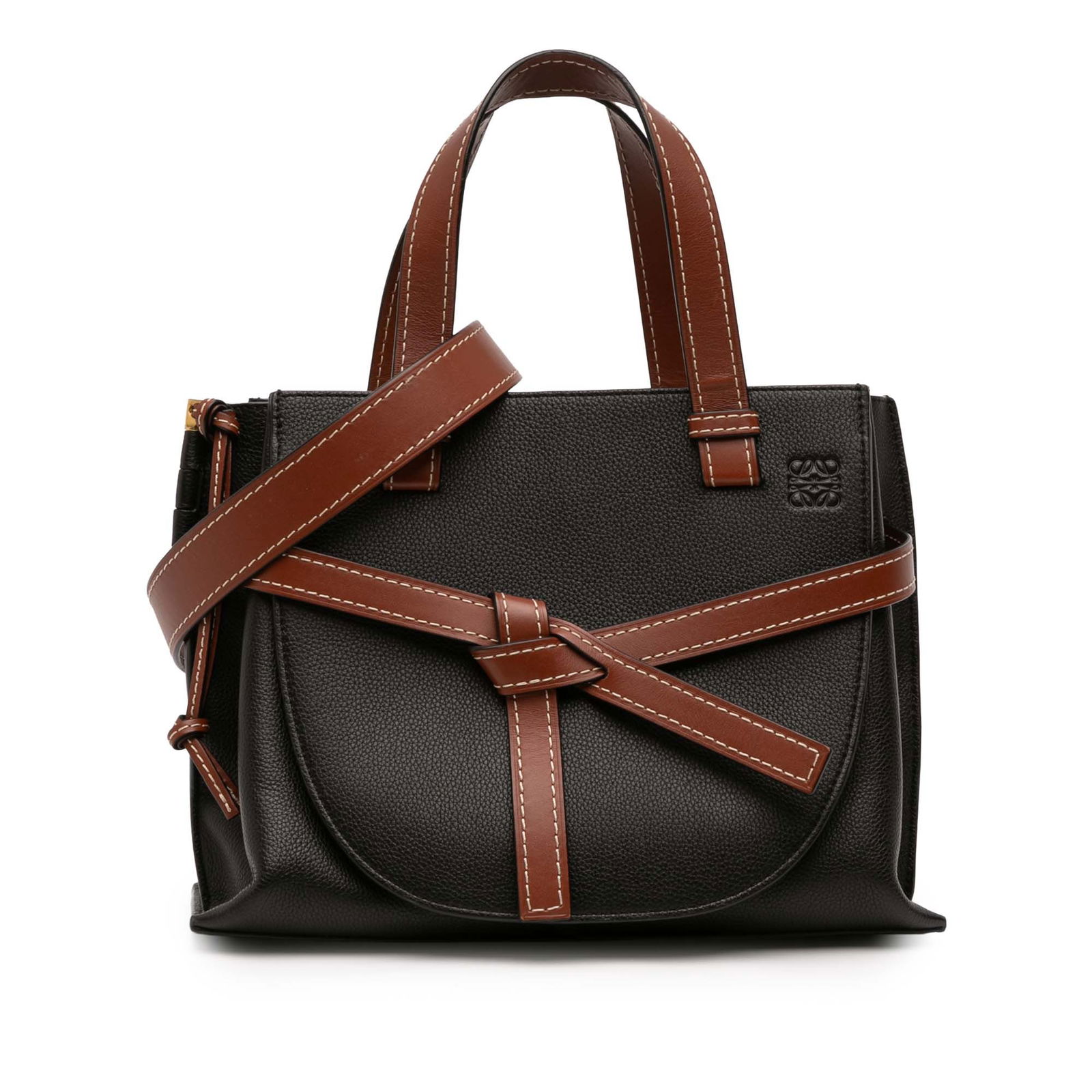 Loewe Gate Small Top Handle Leather Satchel with Detachable Strap: Loewe Gate Small Top Handle Leather Satchel with Detachable Strap This LOEWE Small Leather Gate Top Handle Satchel features a black leather body with flat leather handles and a detachable leather stra