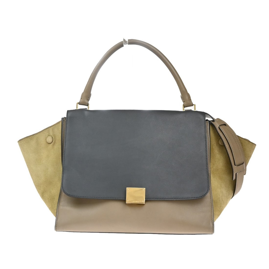 Leather Trapeze Handbag by Celine in Beige Tricolor: Leather Trapeze Handbag by Celine in Beige Tricolor This Celine Tricolor Trapeze Bag is crafted from leather in a beige color, designed for women. Made in Italy, the bag features visible signs of use