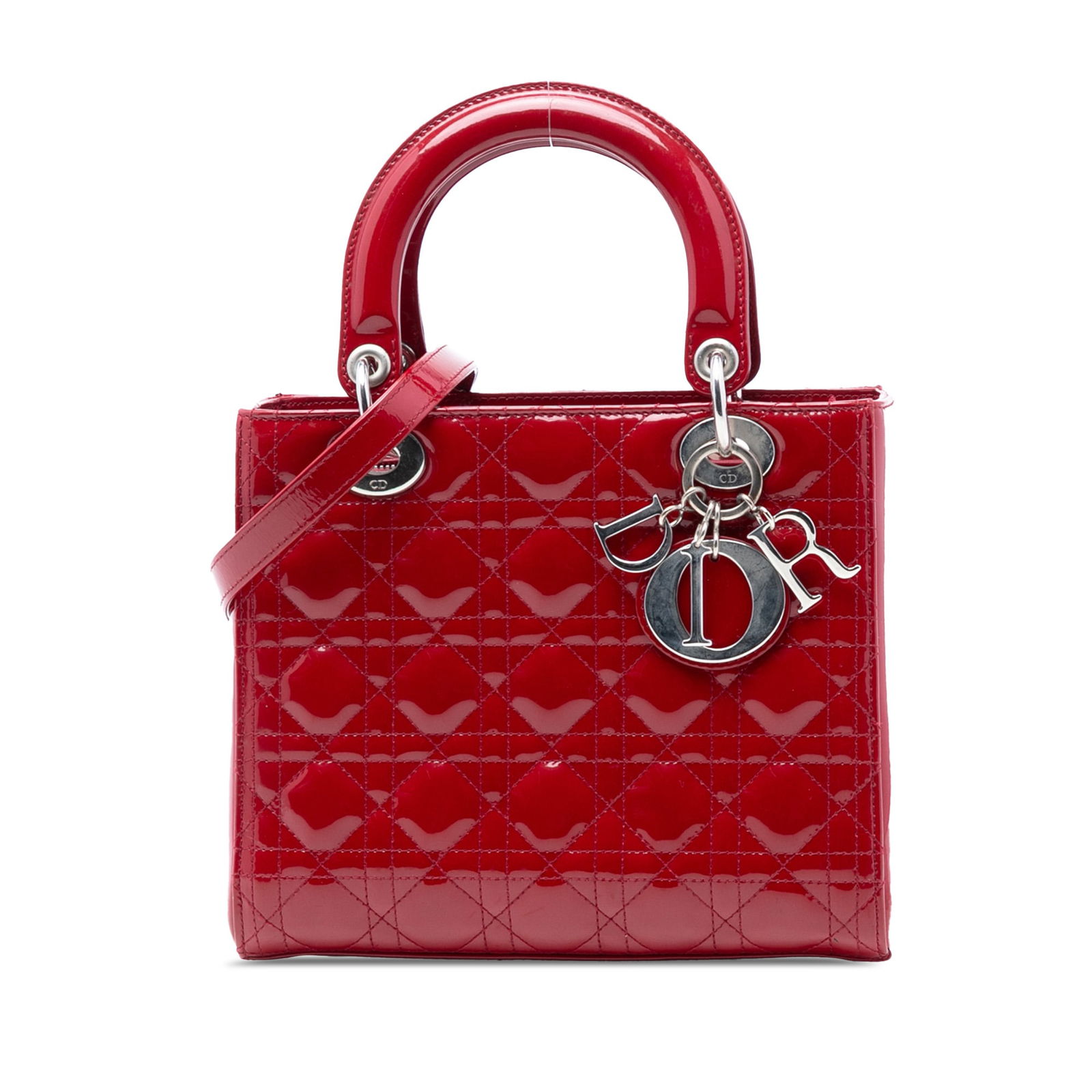 Dior Lady Dior Medium Red Patent Cannage Leather Handbag with Strap: Dior Lady Dior Medium Red Patent Cannage Leather Handbag with Strap This Medium Patent Cannage Lady Dior bag showcases a quilted patent leather exterior in red, complemented by flat leather top handle