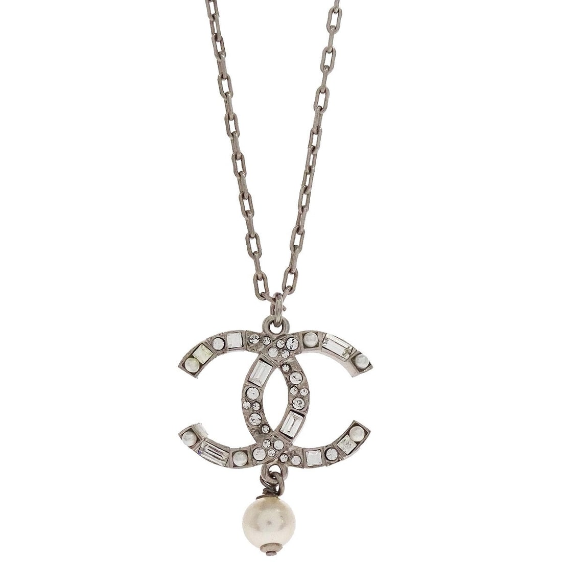 Chanel 12A Silver Plated Pendant Necklace with Faux Pearl and Rhinestones (1 of 4)