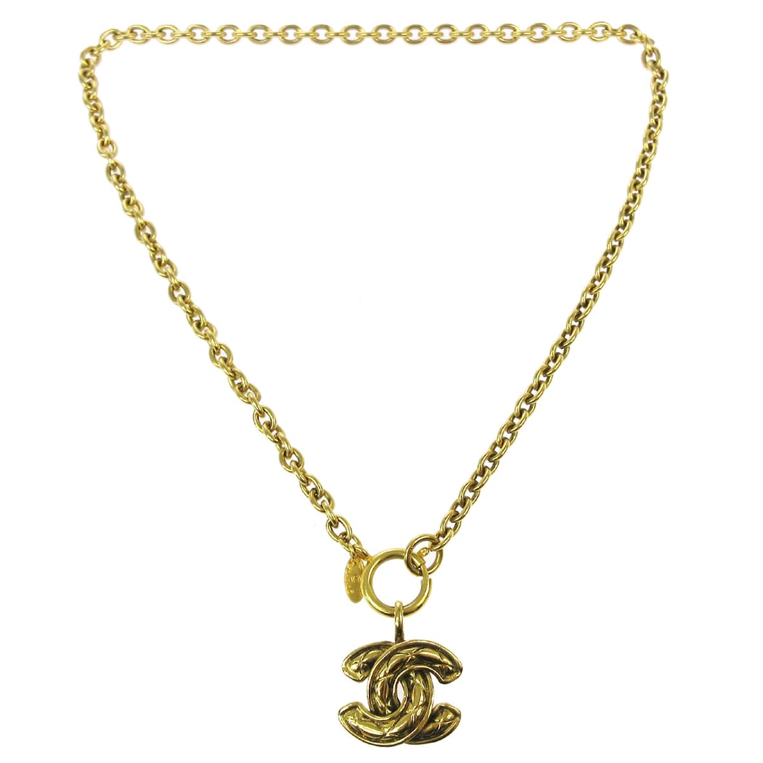 Chanel Gold-tone CC Pendant Necklace 23.6 Inches 3857: Chanel Gold-tone CC Pendant Necklace 23.6 Inches 3857 Elevate your accessory collection with this stunning Chanel Quilted CC Chain Pendant Necklace. This elegant piece features a charming CC pendant d