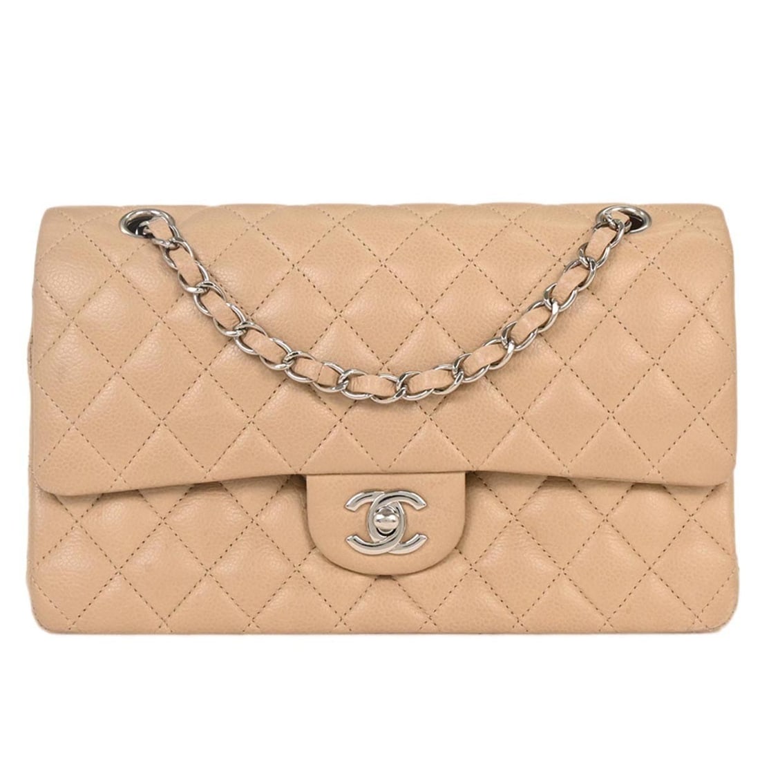 Medium Classic Double Flap Shoulder Bag in Beige Calfskin by Chanel: Medium Classic Double Flap Shoulder Bag in Beige Calfskin by Chanel This Chanel Medium Classic Double Flap Shoulder Bag features beige calfskin leather with a turn lock closure. Designed as a medium-s