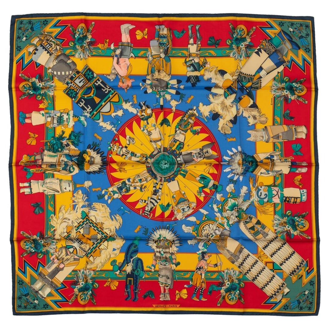 Hermes Silk Kachinas Scarf by Kermit Oliver Red Yellow 35 in: Hermes Silk Kachinas Scarf by Kermit Oliver Red Yellow 35 in This exquisite Hermes Kachinas scarf features a vibrant red and yellow design, expertly crafted from luxurious silk twill. Designed by Kerm