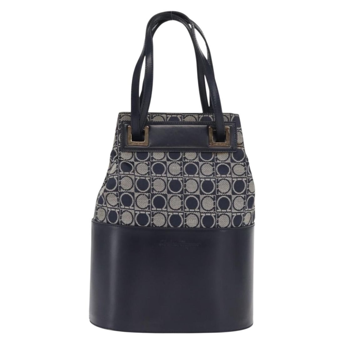 Salvatore Ferragamo Navy Canvas Gancini Shoulder Purse: Salvatore Ferragamo Navy Canvas Gancini Shoulder Purse This Salvatore Ferragamo Gancini shoulder bag for women features navy canvas construction with metal fittings. It shows signs of use including su