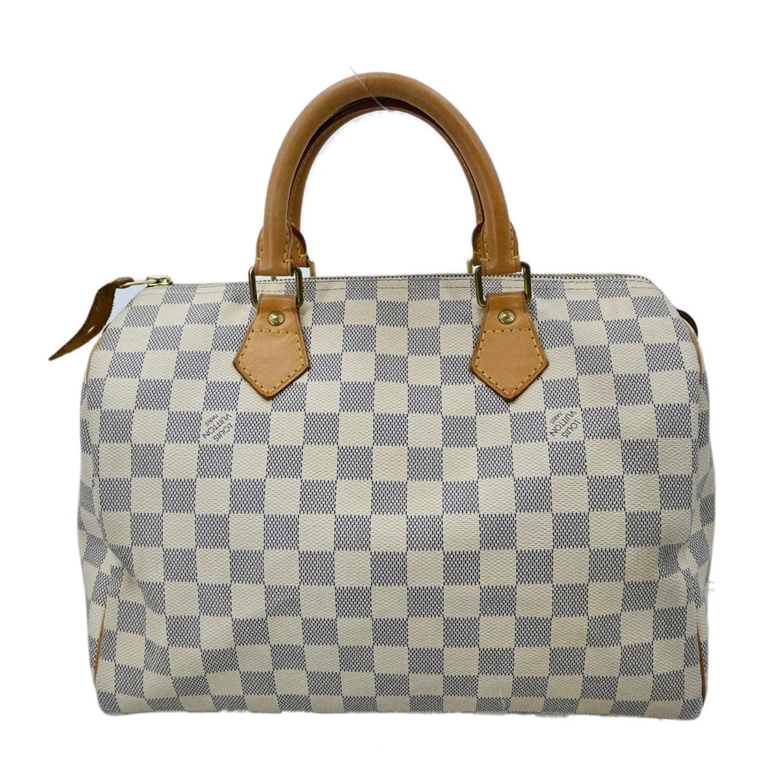 Louis Vuitton Speedy 30 Damier Azur Canvas Duffle Bag N41533: Louis Vuitton Speedy 30 Damier Azur Canvas Duffle Bag N41533 This Louis Vuitton Damier Azur Speedy 30 handbag features the signature Damier Azur patterned canvas with beige leather double handles. It