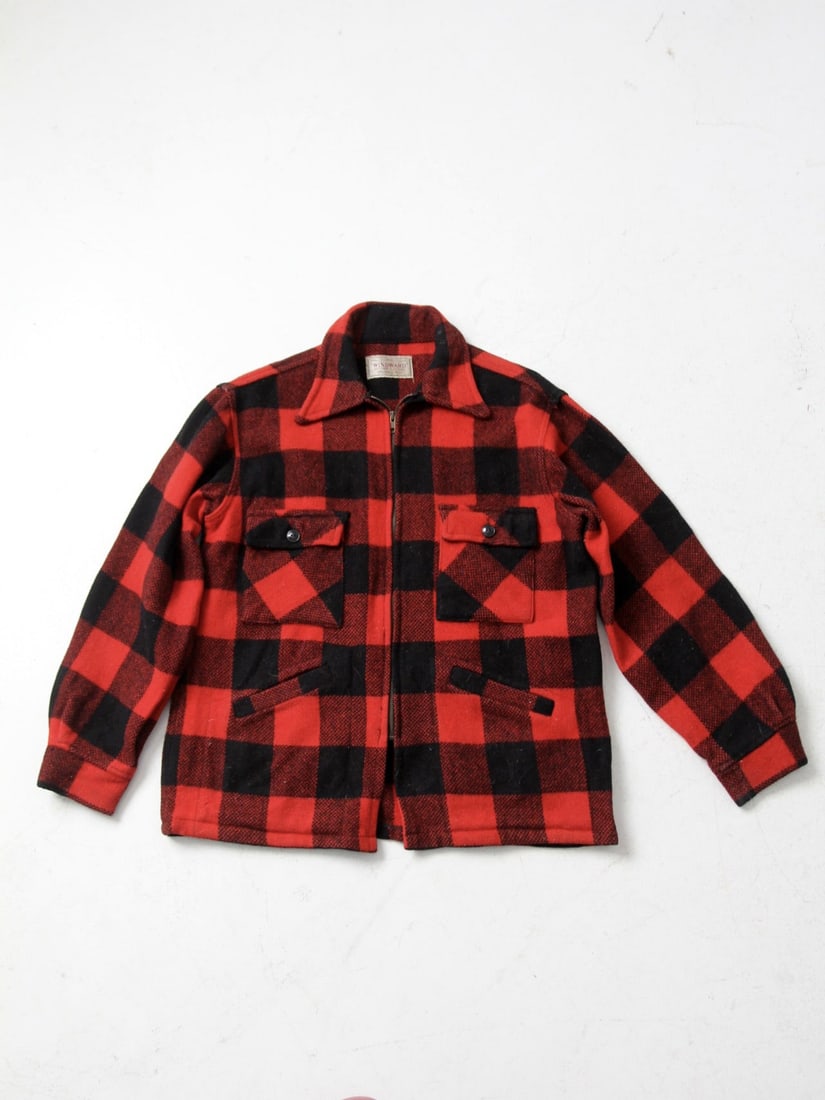 1950s Montgomery Ward Buffalo Check Wool Jacket Red Black: 1950s Montgomery Ward Buffalo Check Wool Jacket Red Black Embrace vintage style with this 1950s Windward wool jacket by Montgomery Ward, showcasing a classic buffalo check pattern in vibrant red and b