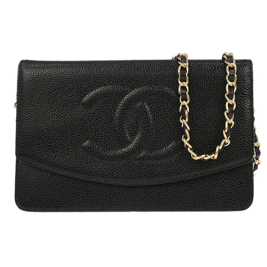 Black Caviar Leather Chanel Timeless Wallet on Chain Bag: Black Caviar Leather Chanel Timeless Wallet on Chain Bag This Chanel Timeless Wallet on Chain is crafted from black caviar skin leather and features a folding design. The wallet is in very good condit